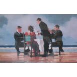 JACK VETTRIANO FRAMED POLYCHROME PRINT DEPICTING DINNER ON THE BEACH APPROXIMATELY 42cm x 68cm