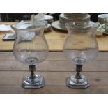 PAIR OF SILVER PLATED AND GLASS CANDLE STANDS,