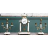 FRENCH STYLE GILT METAL AND MARBLE EFFECT CLOCK AND GARNITURE