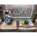 SUNDRY LOT INCLUDING VICTORIAN TABLE LAMP, CARVING SET, DAIMLER CAP, CERAMIC MONEY BOX, ETC,