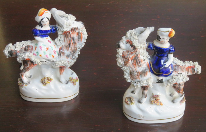 PAIR OF SMALL HANDPAINTED CERAMIC STAFFORDSHIRE FIGURE GROUP,