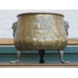 VINTAGE COPPER RELIEF DECORATED COAL SCUTTLE ON CLAW SUPPORTS