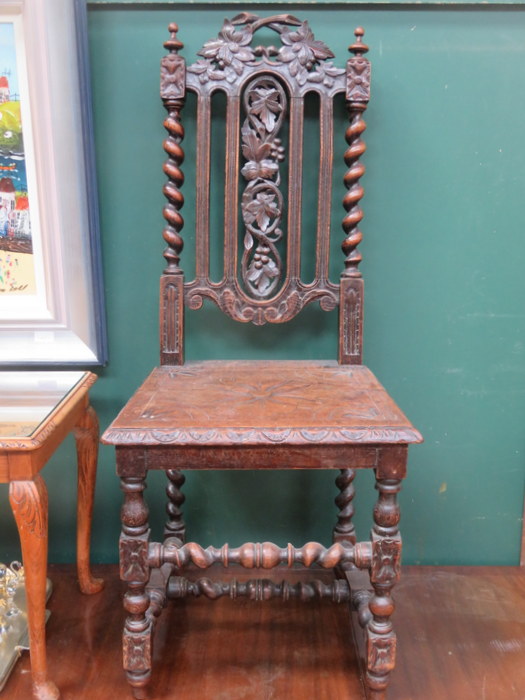 CARVED BARLEY TWIST OAK HALL CHAIR