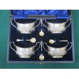 CASED SET OF FOUR HALLMARKED SILVER OPEN SALTS AND SPOONS