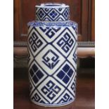 BLUE AND WHITE GLAZED CERAMIC STORAGE POT WITH COVER,