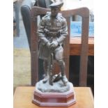 BRONZE COLOURED FIGURE MOUNTED ON WOODEN PLINTH DEPICTING A MILITANT,