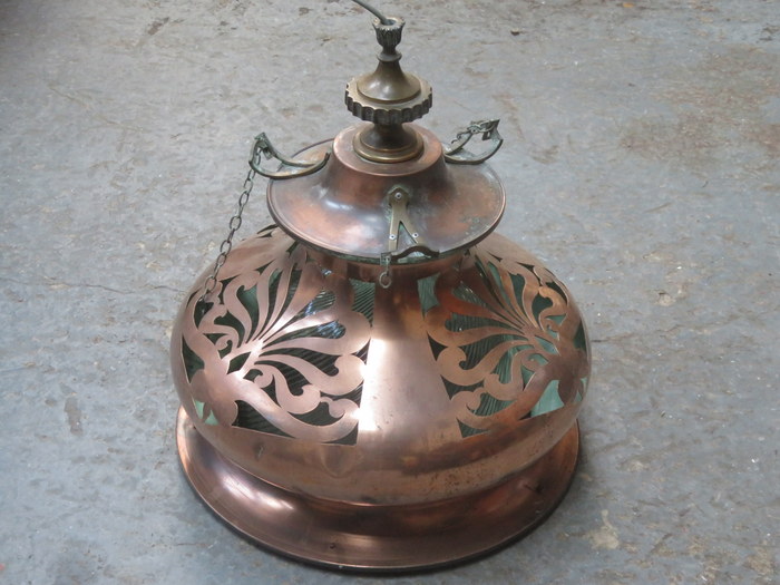 AT NOUVEAU PIERCE WORK DECORATED COPPER AND BRASS CEILING LIGHT FITTING WITH GLASS SHADE,