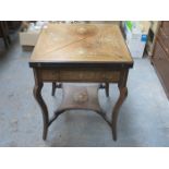 ANTIQUE ROSEWOOD ENVELOPE GAMES TABLE WITH SINGLE DRAWER TO FRONT AND WITH IVORY INLAY THROUGHOUT