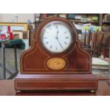 MAHOGANY STRING AND SHELL INLAID MANTLE CLOCK WITH CIRCULAR ENAMELLED DIAL,