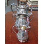 SILVER PLATED THREE PIECE TEA SET WITH ENGRAVED DECORATION