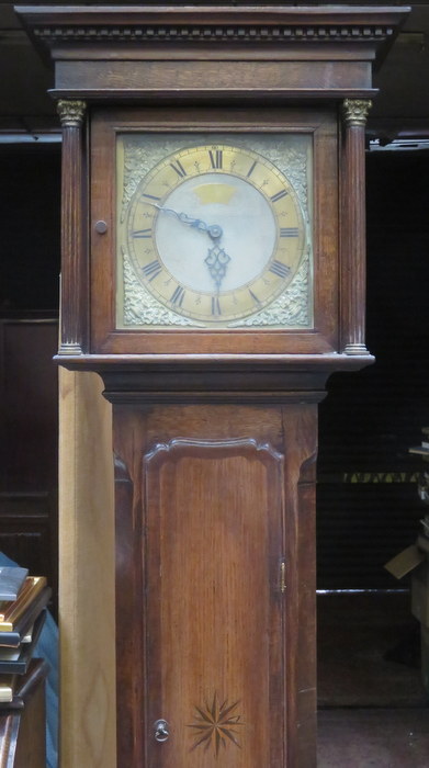 INLAID OAK AND MAHOGANY CASED LONGCASE CLOCK WITH ORMOLU MOUNTED 11in SQUARE BRASS DIAL - Image 3 of 5