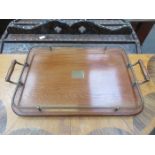 BRASS GALLERIED TWO HANDLED OAK SERVING TRAY