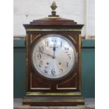 GOOD QUALITY BRASS BANDED MAHOGANY AND GILDED BRACKET CLOCK WITH SILVER COLOURED CIRCULAR DIAL IN