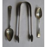 GEORGIAN SILVER SUGAR TONGS AND TWO SPOONS