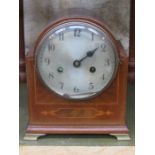 EDWARDIAN MAHOGANY INLAID BRACKET CLOCK WITH SILVER COLOURED CIRCULAR DIAL