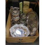 BOX CONTAINING VARIOUS PLATEDWARE AND FLATWARE, ETC.