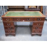 MAHOGANY NINE DRAWER PEDESTAL WRITING DESK WITH LEATHER INSERT