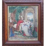 VICTORIAN EMBROIDERED PICTURE DEPICTING A ROYALTY SCENE, WITHIN ORNATELY CARVED MAHOGANY FRAME,