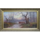 GILT FRAMED OIL ON CANVAS DEPICTING COACH AND HORSES IN WOODLANDS SCENE,