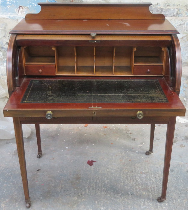 EDWARDIAN MAHOGANY INLAID FRENCH STYLE ROLL TOP WRITING BUREAU - Image 2 of 2