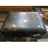 LACQUERED AND MOTHER OF PEARL STORAGE BOX CONTAINING VARIOUS MOTHER OF PEARL GAMES COUNTERS,