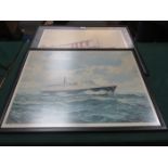 TWO CUNARD OCEAN LINER FRAMED PRINTS DEPICTING QUEEN ELIZABETH II AND MARITANIA