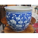 ORIENTAL BLUE AND WHITE PRUNUS PATTERN JARDINIERE,