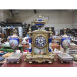 19th CENTURY GILT METAL FRENCH CLOCK AND GARNITURE SET,