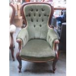 VICTORIAN MAHOGANY UPHOLSTERED BUTTON BACK ARMCHAIR