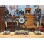 19th CENTURY ORNATELY DECORATED FRENCH ORMOLU MOUNTED CLOCK AND GARNITURE SET,