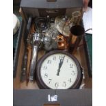 SUNDRY LOT INCLUDING WALL CLOCK, UNIVERSAL TORCH, PLATEDWARE, COPPER, ETC.