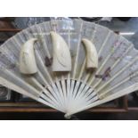 IVORY AND SILK FAN PLUS THREE WHALE'S TEETH