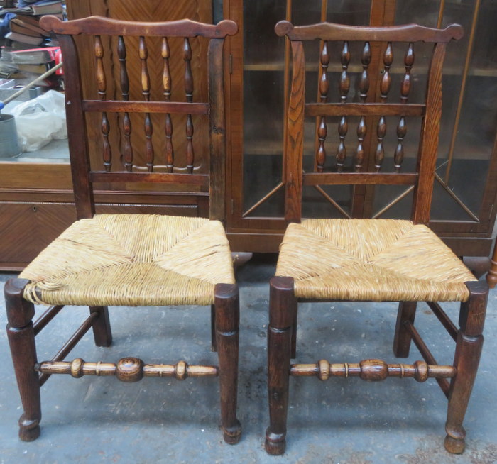 PAIR OF RUSH SEATED COUNTRY STYLE OAK SLAT BACK CHAIRS