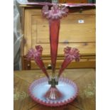 VICTORIAN CRANBERRY COLOURED THREE SCONCE GLASS EPERGNE,