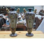 PAIR OF RUDOLSTADT 19th CENTURY GERMAN HANDPAINTED AND GILDED CERAMIC VASES WITH FLORAL DECORATION,