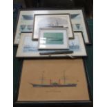 FIVE FRAMED PRINTS DEPICTING STEAMSHIPS PLUS SS GREAT BRITAIN PASSENGER RULE SIGN