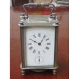 FRENCH GLASS AND BRASS CARRIAGE CLOCK WITH ENAMELLED DIAL