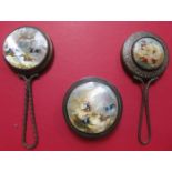 DECORATIVE ORIENTAL MOTHER OF PEARL CIRCULAR MIRRORS AND STORAGE TIN