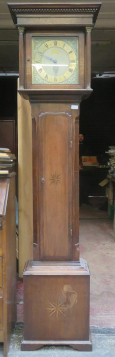 INLAID OAK AND MAHOGANY CASED LONGCASE CLOCK WITH ORMOLU MOUNTED 11in SQUARE BRASS DIAL