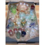 BOX CONTAINING VARIOUS COLOURED GLASSWARE