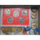 MIXED LOT INCLUDING ISLE OF MAN COIN SET, VARIOUS OTHER COINAGE AND COMMEMORATIVE MEDALS, ETC.