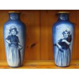 VILLEROY & BOCH, METTLACH TWO SIMILAR GILDED BLUE AND WHITE CERAMIC VASES,