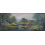 OCTAVIA THOMSON, FRAMED OIL ON BOARD DEPICTING A COUNTRYSIDE RIVER SCENE WITH COTTAGE, DATED 1975,