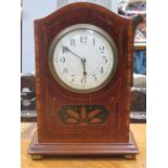 INLAID MAHOGANY CASED MANTLE CLOCK WITH ENAMELLED DIAL