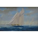 ROBERT MOORE, FRAMED OIL ON BOARD, SIGNED AND DATED 1968- 'J' CLASS YACHTS OFF,