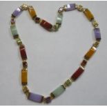 CHINESE GOLD AND FOURTEEN PANELLED COLOURED JADE AND GEM SET NECKLACE