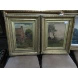 J KIRKPATRICK, PAIR OF FRAMED OIL ON CANVASES- THATCHED COTTAGE AND PASTORAL SCENE,