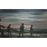 F POULLET, SIGNED AND DATED 1976 OIL ON CANVAS- EVENING FISHING BOYS,