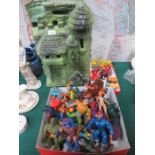 BOX CONTAINING CHARACTER MONSTER FIGURES AND CASTLE PLUS TRAY OF DIECAST TOYS