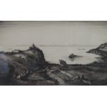 JAMES MACINTYRE, FRAMED (GLASS BROKEN) MONOCHROME PRINT- DUNTULM CASTLE, ISLE OF SKYE,